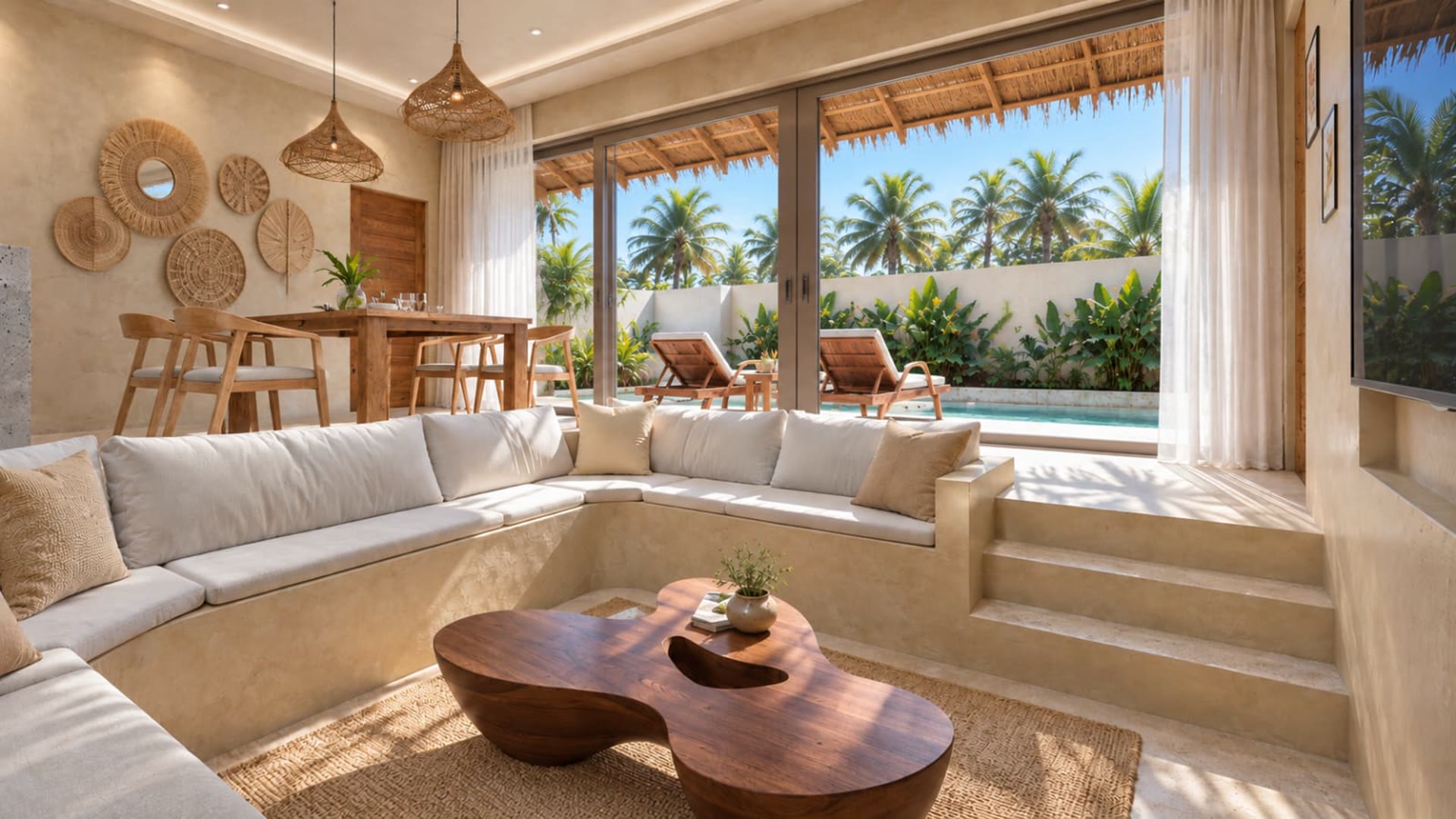 Salon ouvert sur le jardin, villa Eden Tropical