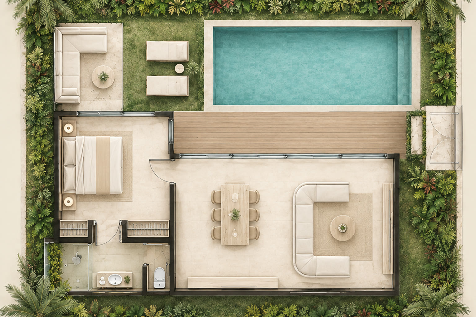 Plan d'aménagement de la villa 1 chambre Eden Tropical, avec cotes