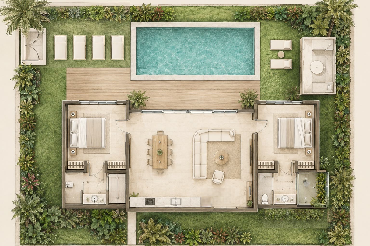 Plan d'aménagement de la villa 2 chambres Eden Tropical, avec cotes