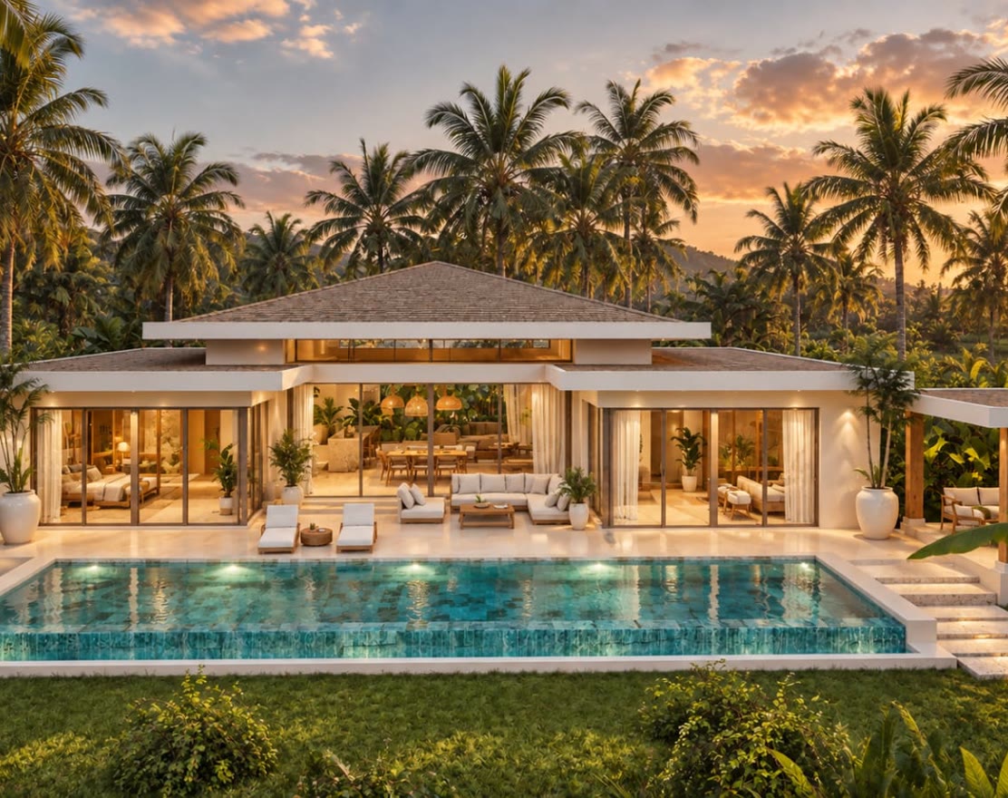 Façade et piscine au coucher du soleil, villa Terra Mare