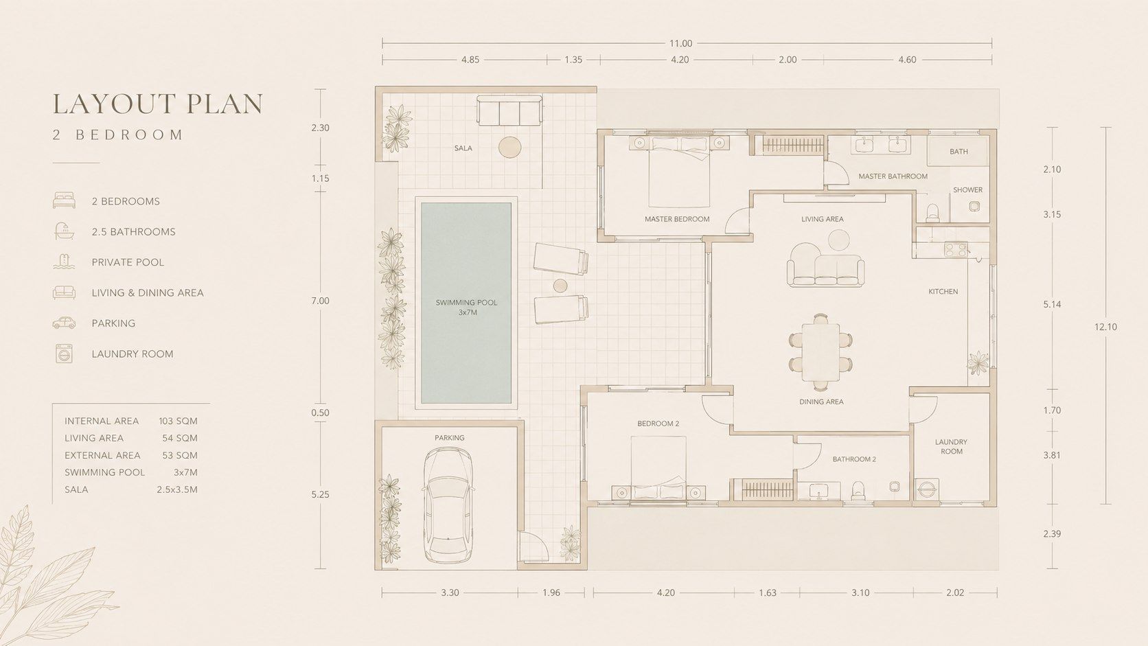 Layout plan of the 2-bedroom Terra Mare villa, with dimensions