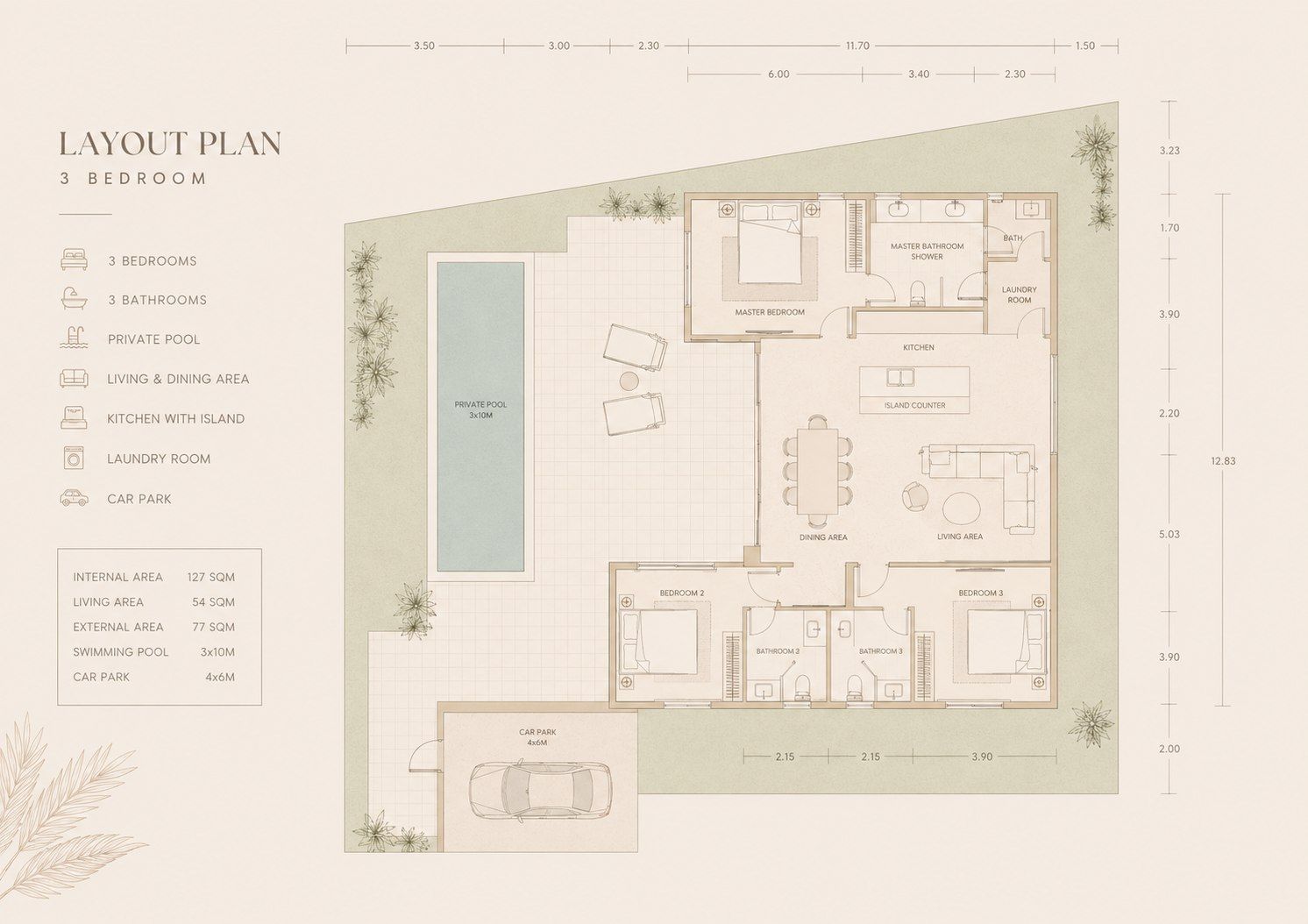 Layout plan of the 3-bedroom Terra Mare villa, with dimensions