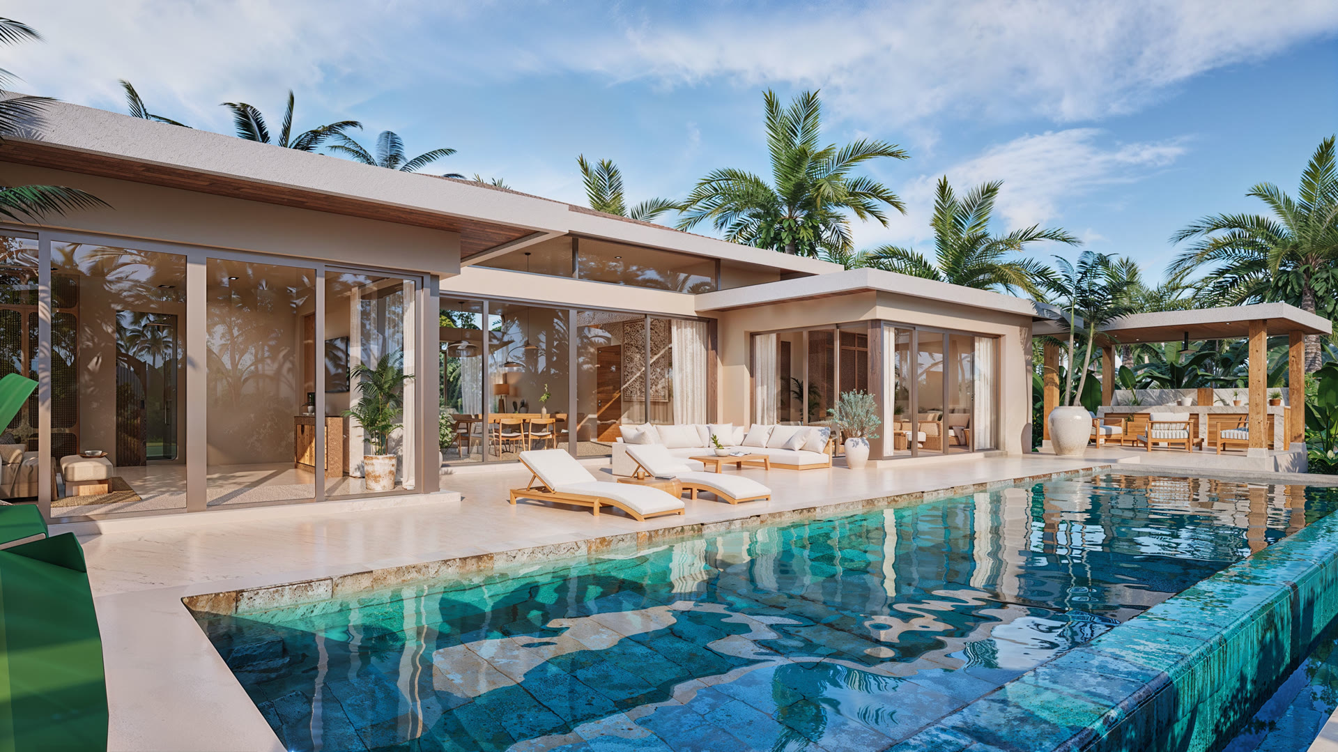 Piscine et salon extérieur, villa Terra Mare