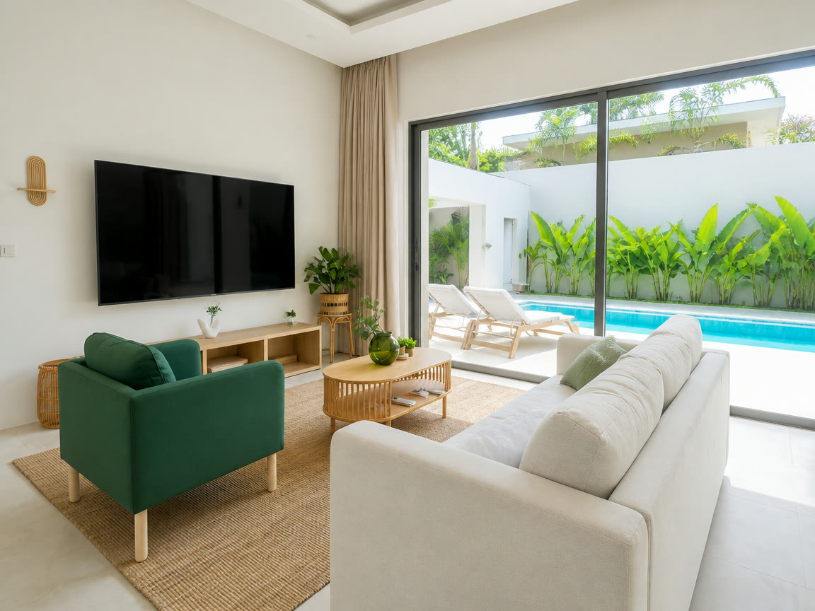Séjour ouvert sur la piscine de la Villa 1