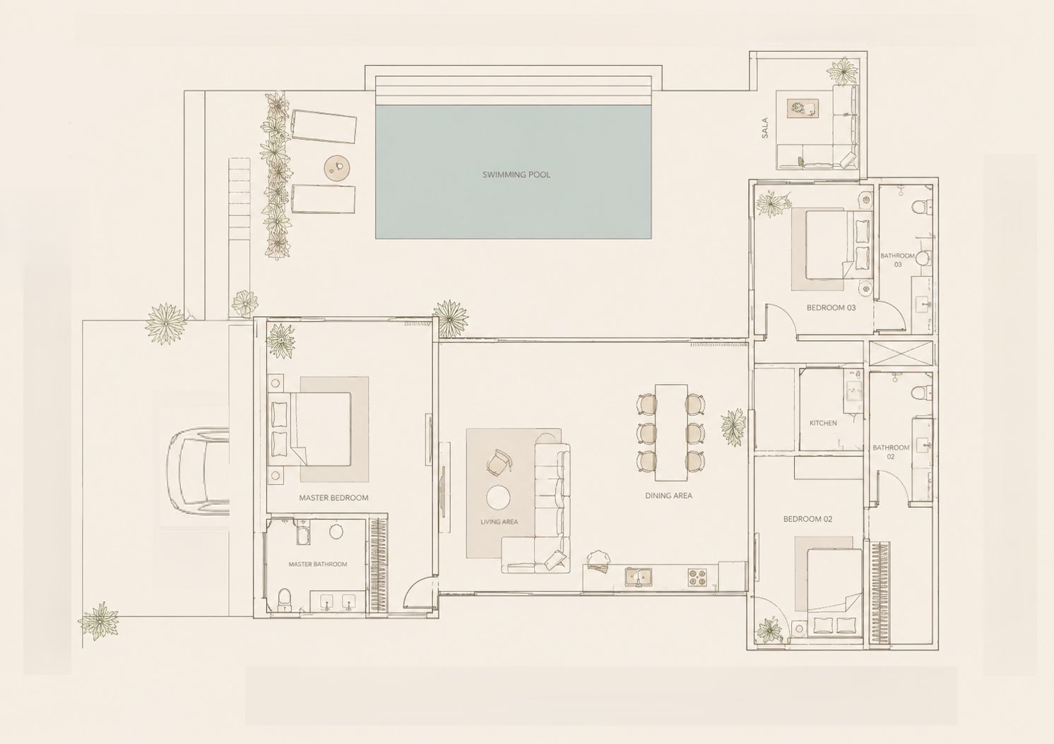 Plan d'aménagement de la villa Sea View, avec cotes