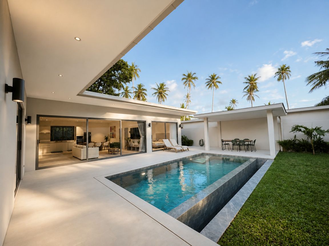 Villa Koh Samui Estate au crépuscule, piscine éclairée dans le jardin tropical